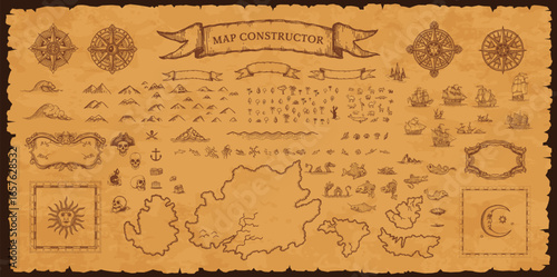 Vintage pirate map constructor, vector set of elements on aged parchment background for treasure hunt, exploration and fantasy adventure. Compass roses, sea monsters, sailing ships, skulls and islands