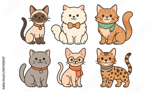 Cute cartoon cats in various breeds with accessories on white background