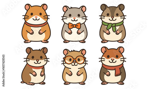 Charming cartoon hamsters with accessories: cute animal characters in colorful style