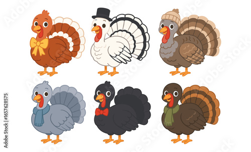Colorful cartoon turkeys with accessories for thanksgiving designs