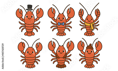 Cute cartoon lobsters in different outfits and styles for seasonal themes