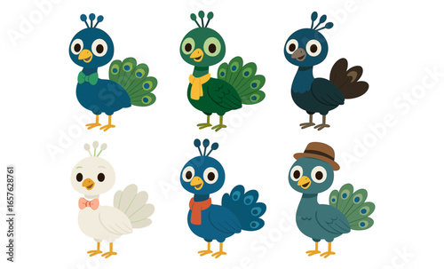 Cute cartoon peacocks in various outfits and colors