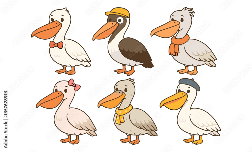 Fototapeta premium Cute cartoon pelicans with accessories: charming characters for kids