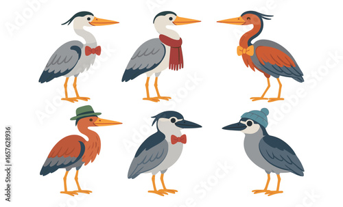Stylish birds with hats and scarves in flat design