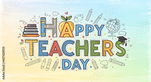 Happy teachers day greeting with educational elements and colorful text