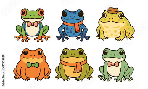 Charming cartoon frogs in fashionable outfits with bowties and scarves