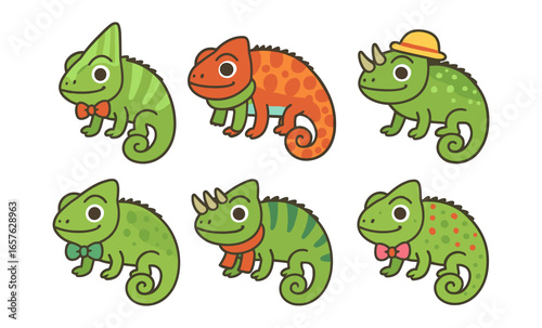 Cute cartoon chameleons with accessories and colorful patterns on white background
