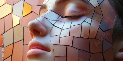 abstract woman face with mosaic effect in warm tones and geometric design