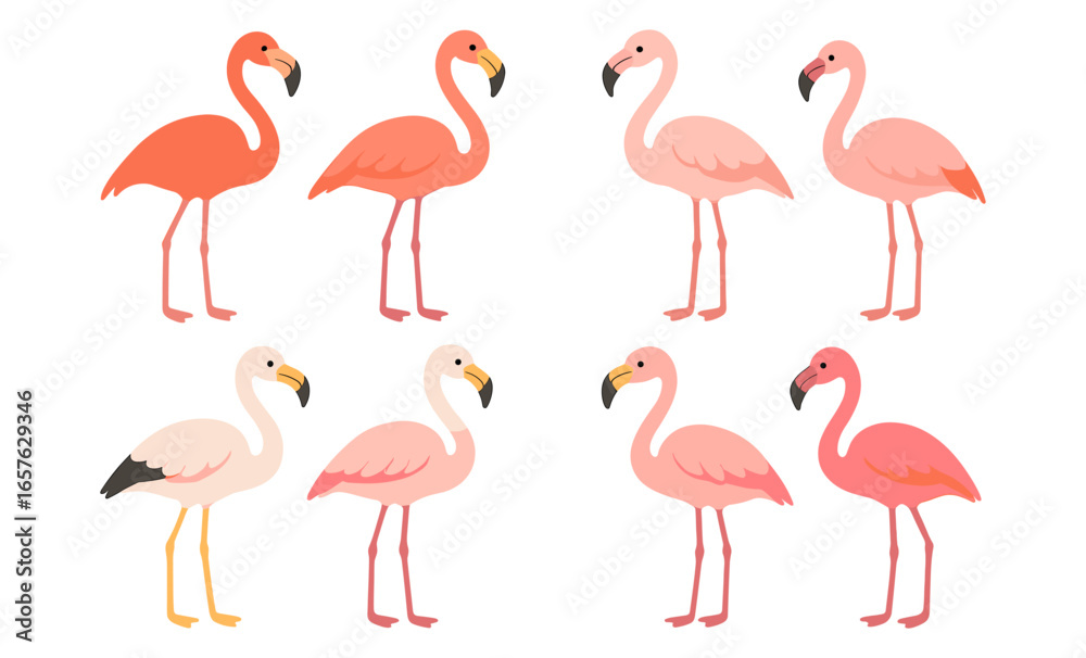 Obraz premium Colorful flamingos set in modern cartoon style for creative design