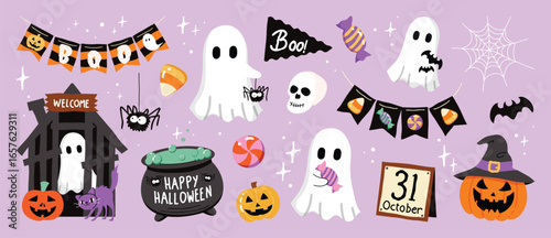 Happy Halloween day element background vector. Cute collection of spooky ghost, pumpkin, bat, candy, cat, skull, spider, grave. Adorable halloween festival elements for decoration, prints. 