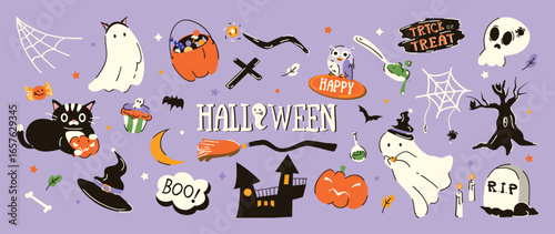 Happy Halloween day element background vector. Cute collection of spooky ghost, pumpkin, bat, candy, cat, skull, spider, grave, broom. Adorable halloween festival elements for decoration, prints. 