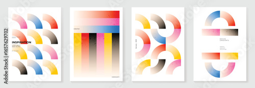 Modern gradient with grain texture poster on white background vector set. Retro cover template with vibrant perspective in different geometric shapes. Ideal design for social media, cover, banner.
