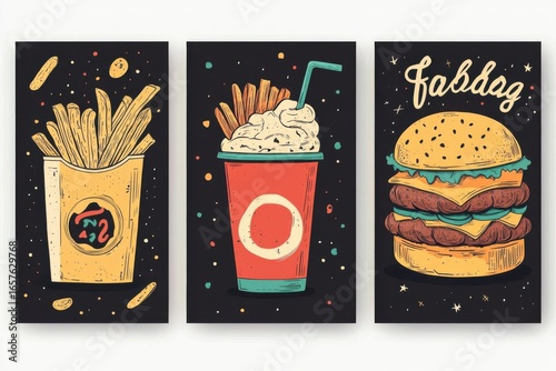 Enjoy delicious combo meal with french fries and burger at modern art style