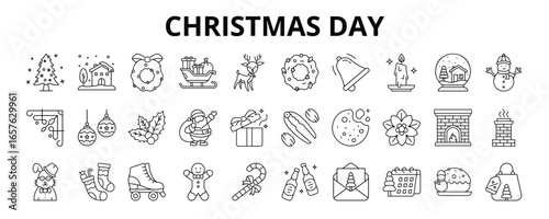 30 Christmas Day Line Icons Vector - Christmas Tree, Sleigh, Snowman, Santa Claus, Gift Box, Gingerbread, Holly