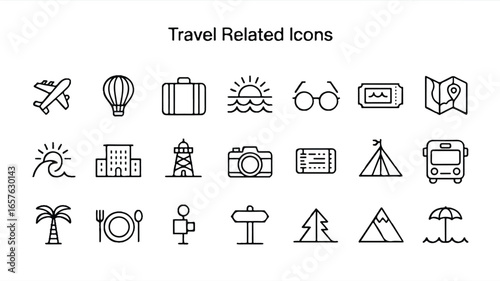 TRAVEL RELATED ICONS. Editable stroke.