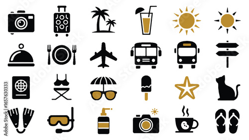 A set of 20 black and gold travel and vacation icons arranged in a grid layout.  
