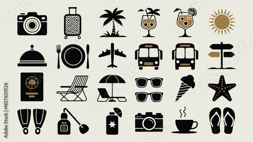 A set of 20 black and gold travel and vacation icons arranged in a grid layout.  