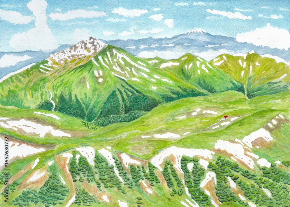 Obraz premium 北アルプス水晶岳（黒岳）山頂からの山々 黒部五郎岳と雲ノ平全景 霊峰白山遠景