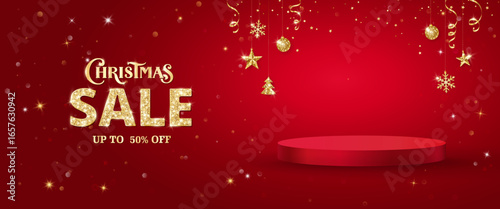 Christmas sale background with podium. Product display banner. Golden glitter ornaments decoration. Magic Christmas glow on red. Christmas Sale shiny typography. For winter season promotions. Vector.