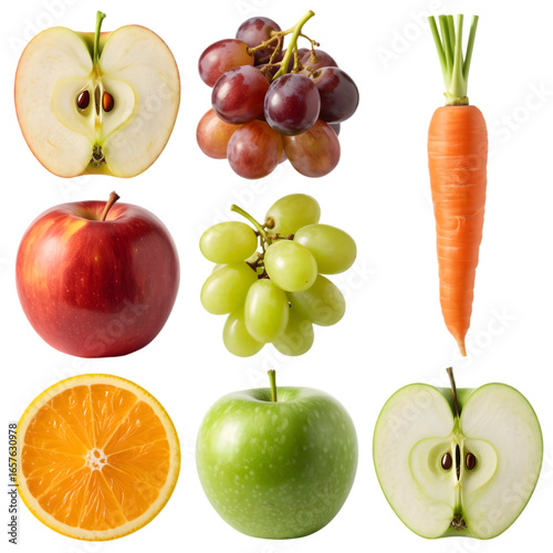 Fresh fruit and vegetables featuring orange apple grapes and a carrot for a healthy diet