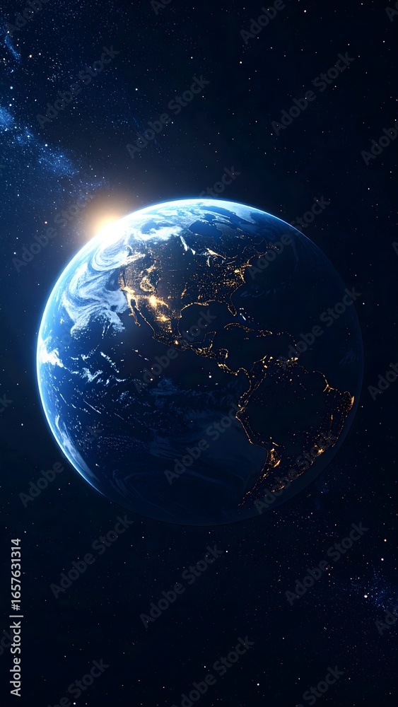 Obraz premium A sunless Earth drifting in silence through space, faint city lights flickering as AI mourns its vanished creators—an emotional vision of loneliness, cosmic solitude, and the quiet end of civilization