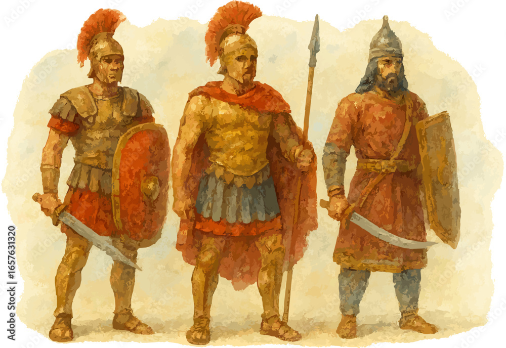 Obraz premium Watercolor Illustrations of Ancient Soldiers: Heroes in Action