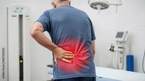 Senior man with lower back pain in a medical setting