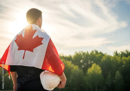 Canadian worker with flag and hard hat outdoors at sunset