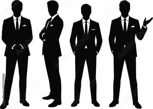 Silhouettes of businessmen in formal attire, various confident poses, ideal for corporate marketing, business presentations, leadership, and professional branding.