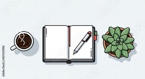 Workspace flatlay vector illustration with coffee notebook pen and succulent for productivity and inspiration