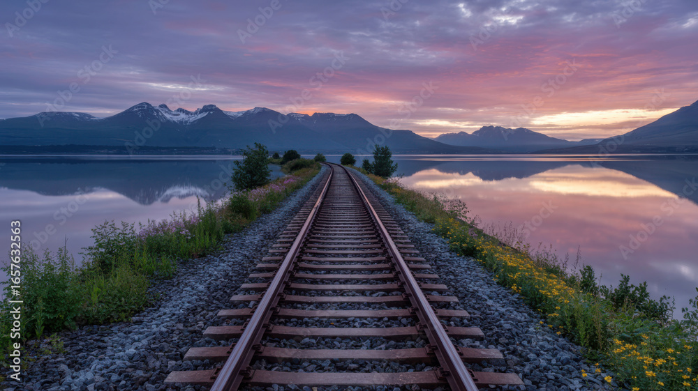 Fototapeta premium Railroad Tracks by Mountain Lake at Sunrise with Colorful Sky Reflection