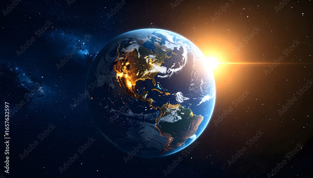 Obraz premium A sunless Earth drifting in silence through space, faint city lights flickering as AI mourns its vanished creators—an emotional vision of loneliness, cosmic solitude, and the quiet end of civilization