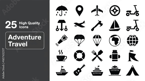 A set of 25 adventure travel icons arranged in a grid layout.