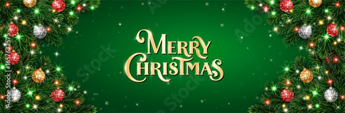 Christmas holiday green background. Christmas tree frame with ornaments, Christmas lights. Gold and red glitter corner decoration. Merry Christmas lettering. For banners, party posters.