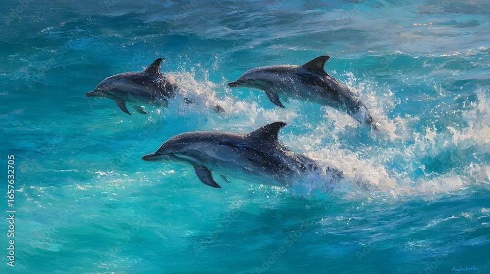 Fototapeta premium Playful dolphins leaping through vibrant sun d d waves
