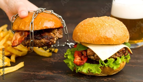 Two burgers, one chained, with fries and beer