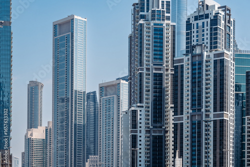 Photography cluster of skyscrapers in Dubai Business bay, modern architecture buildings , Du