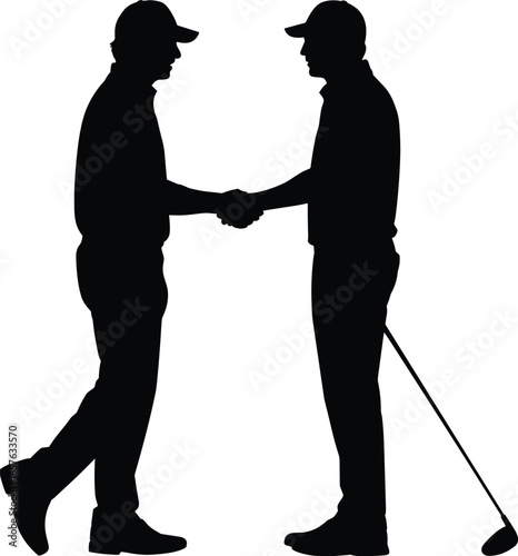 Silhouette of two golfers shaking hands, black vector illustration, sportsmanship, golf players, agreement gesture, outdoor scene, teamwork, respect.