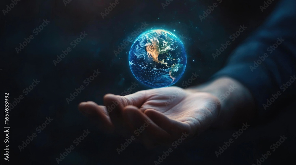 close up on the hand ot a man, above the hand there is an holograme of planet earth floating close up on the hand ot a man, above the hand there is an holograme of planet earth floating