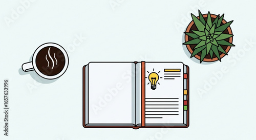 Creative workspace concept with notebook, coffee, plant and lightbulb for idea generation and planning