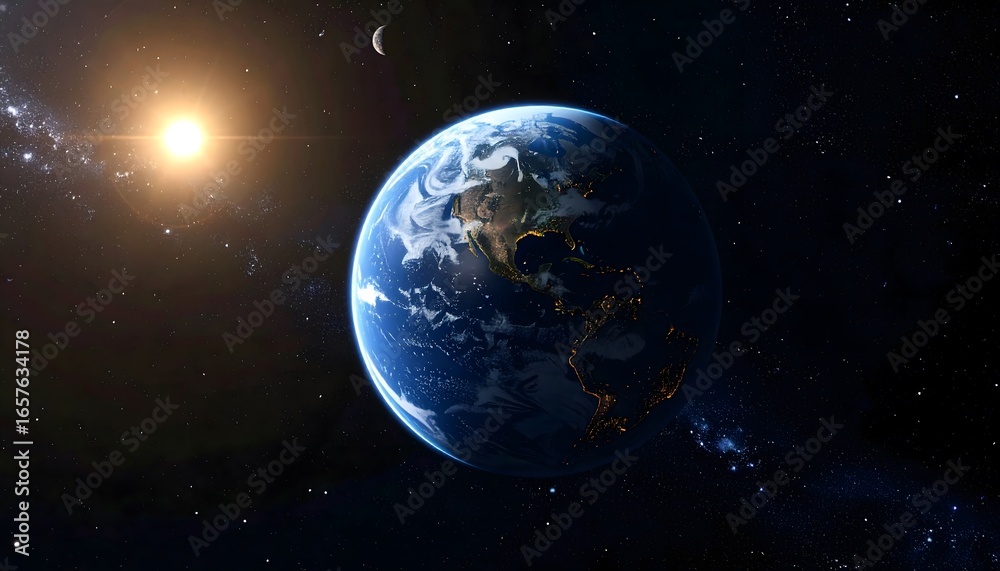 Obraz premium A sunless Earth drifting in silence through space, faint city lights flickering as AI mourns its vanished creators—an emotional vision of loneliness, cosmic solitude, and the quiet end of civilization