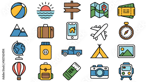 A set of 25 travel and vacation icons arranged in a 5x5 grid on a white background.  