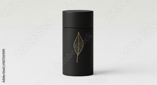 Black tea canister with gold leaf design premium packaging for loose leaf tea storage and branding mockup