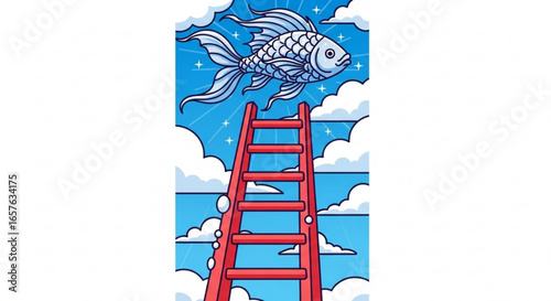 Fish flying above ladder in sky illustration concept of dreams and aspirations achievement surreal art