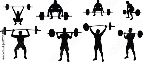 Silhouette of men lifting barbells, weightlifting poses, gym workout, strength training, fitness exercise, powerlifting, bodybuilding, black vector illustration.