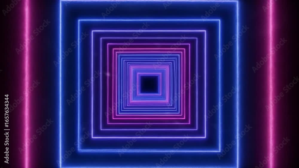 Glowing neon squares recede into a dark void Glowing neon squares recede into a dark void