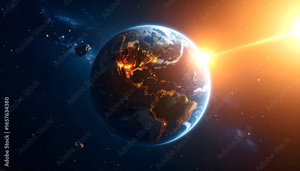 Obraz premium A sunless Earth drifting in silence through space, faint city lights flickering as AI mourns its vanished creators—an emotional vision of loneliness, cosmic solitude, and the quiet end of civilization