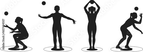Silhouette of woman juggling, balancing ball, standing pose, black vector illustration, female athlete, fitness training, sport activity, body movement.
