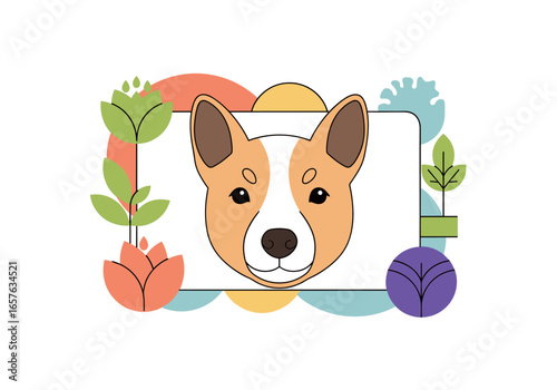 Cute welsh corgi dog head portrait surrounded by abstract floral shapes and geometric elements