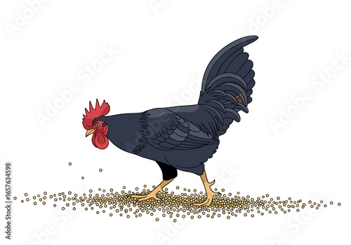 A proud black rooster foraging for seeds in a grassy field on a bright sunny day